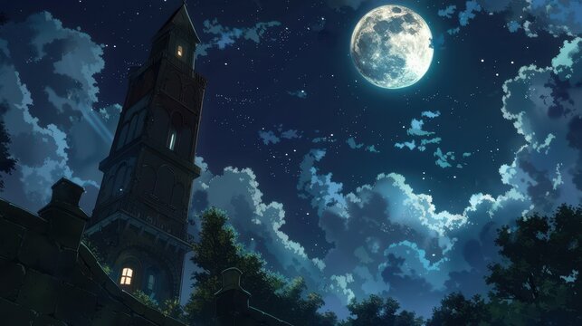 A tall tower stands beneath a starry night sky, with a glowing full moon casting light over the tranquil scenery and dark clouds