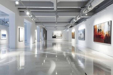 Interior of modern art gallery with white walls and concrete floor