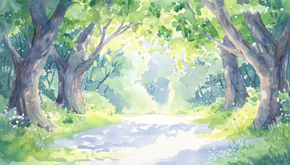 Enchanted forest, ancient trees, dappled sunlight, hidden pathways, Watercolor style