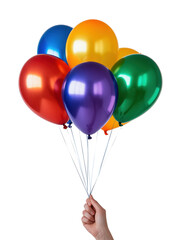 Colorful balloons held in a hand create a festive atmosphere for any celebration. This set is perfect for parties, special events, or decorations. Transparent background png.