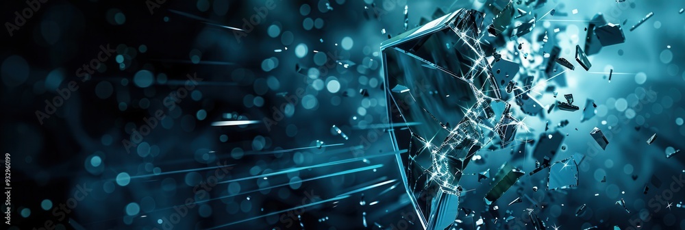 Fototapete A hacker breaches a digital shield, causing fragments to scatter, symbolizing a security threat in the realm of cybersecurity. Generative AI