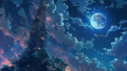 Obraz premium A mystical night sky features fluffy clouds and a bright moon shining beside a tall structure glowing softly in the twilight