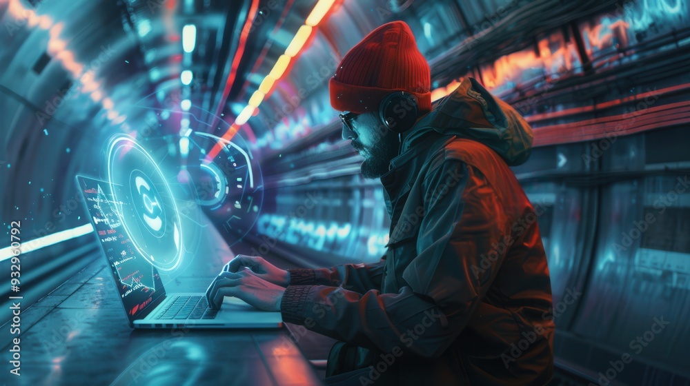 Poster A hacker is working intently on a laptop while seated in a bustling metro station, highlighting the dangers of unsafe public Wi-Fi connections. Generative AI