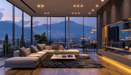 Fototapeta premium Luxury living room with panoramic view of the city