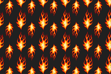 groovy fire flaming seamless pattern for print on textile, wrapping, banner, card. retro fire pattern on black background. old school flaming pattern abstract red flame seamless pattern