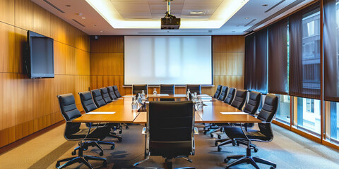 A modern conference room with large table, black chairs, and projector screen, exuding professional atmosphere. 