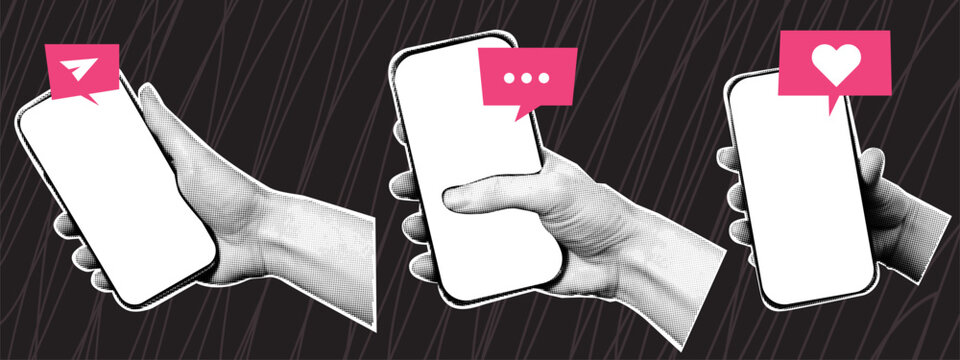 Set of halftone hands with phone and speech bubbles. Trendy collage elements in retro pop art style.