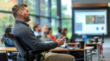 Engaged man in classroom setting, actively participating in discussion. atmosphere is focused and collaborative, with students attentive to presentation. 