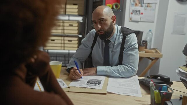 A man and a woman in an office, with the man writing and wearing a tie, indicating a professional or investigative scenario.