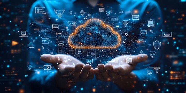 Businessman Presents Futuristic Cloud Computing Network - Powered by Adobe