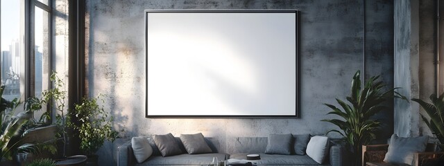 Mockup of a modern white background frame set against a gritty textured industrial style loft interior with high contrast and futuristic design elements showcasing a clean minimalist aesthetic