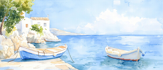 Obraz premium Greek island, tranquil cove, fishing boats, crystalclear water, Watercolor style