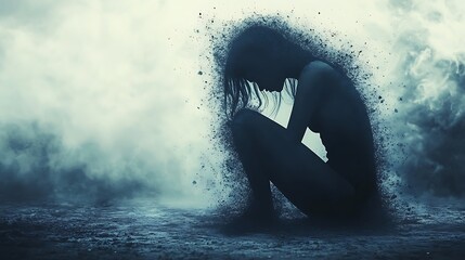 A woman disintegrating into smoke and dust, a powerful concept art piece representing fragility and transformation.