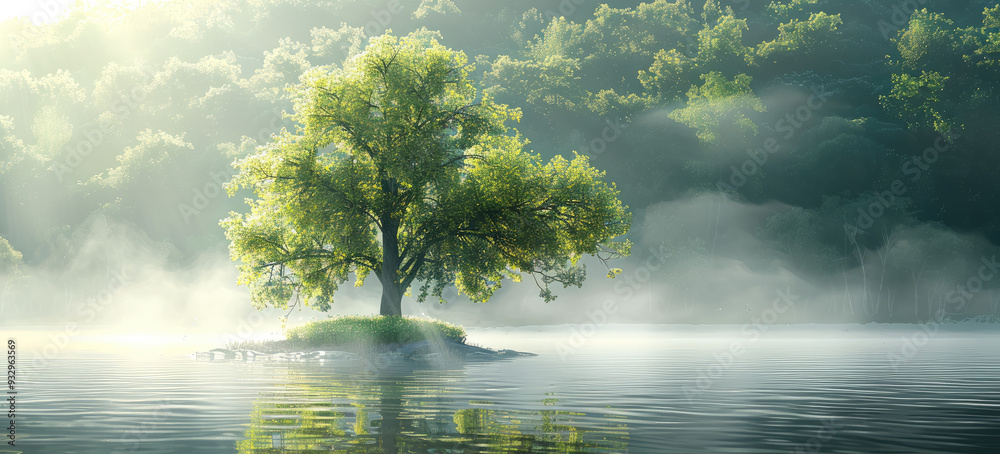 Poster during the summer, a large tree with green leaves stands on the riverbank, surrounded by sunlight an