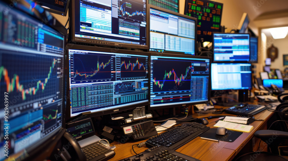 Poster A busy trading desk with multiple monitors displaying stock market data and charts, conveying sense of focus and urgency. 
