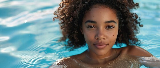 Beautiful black woman in swimsuit lying in water with reflections on the surface