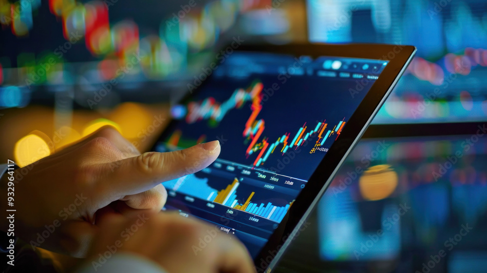 Poster Analyzing financial data on tablet, user appears focused and engaged with colorful stock market graphs. 
