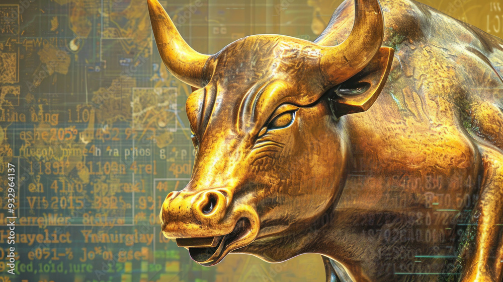 Poster golden bull statue symbolizing strength and prosperity, set against backdrop of digital data and fin