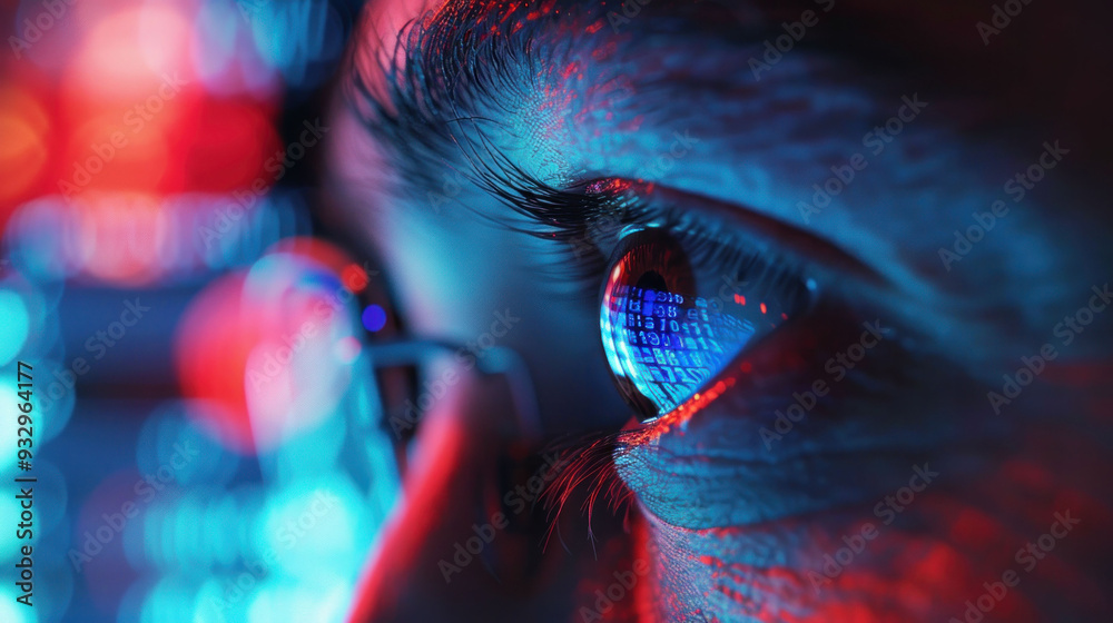 Poster a close up of an eye reflecting digital data, showcasing sense of focus and curiosity. vibrant color