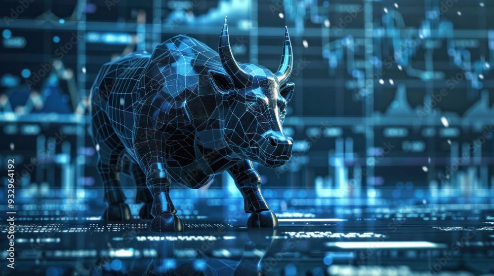 Poster a digital bull symbolizes market growth and optimism, set against backdrop of financial data and gra
