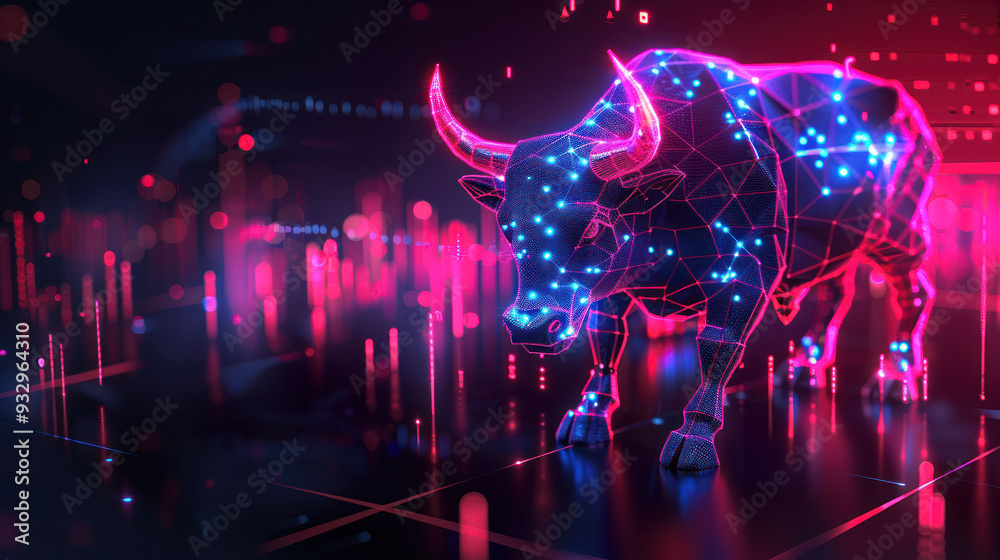 Poster a digital bull with glowing geometric patterns stands confidently amidst vibrant data streams, symbo