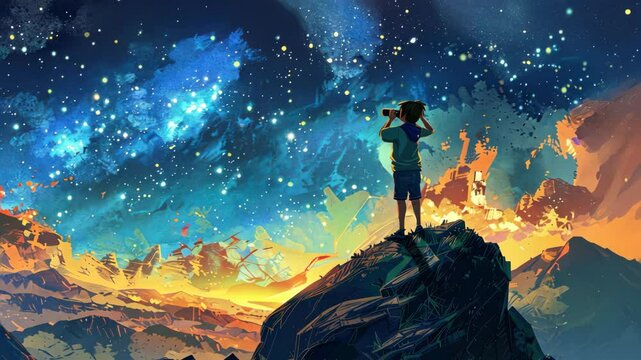 A boy on the mountain looking at stars with binoculars The digital art.