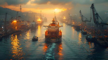 Fototapeta premium Sunrise Over Cargo Ships in Harbor - Digital Illustration