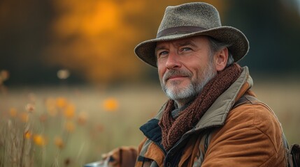hunter man with dog in traditional shooting clothes on field holding shotgun.jpg