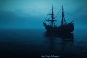Obraz premium Haunted Ship Collage: Images of an old, haunted ship with ghostly crew members. The text 