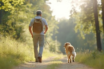 A person strolling with a leashed dog in a lush forest environment surrounded by nature
