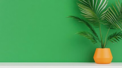 Obraz premium Green wall with a palm plant in a orange pot
