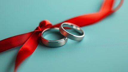 A pair of silver wedding rings tied with a red ribbon on a turquoise background, symbolizing love, commitment, and celebration.