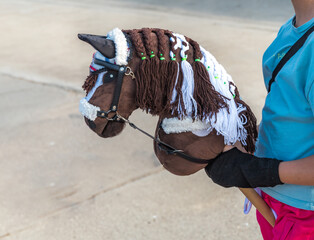 A horse's head on a hobby horsing stick in a child's hand