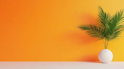 Minimalist palm plant in white vase against orange wall