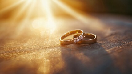 A pair of wedding rings bathed in the golden glow of a sunset, representing love, unity, and the start of a shared journey.