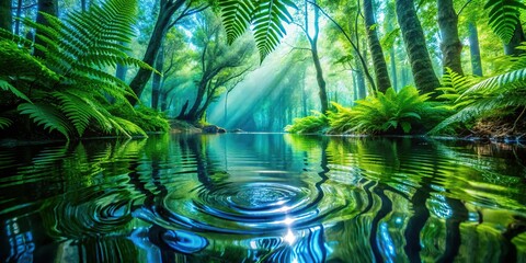 Surreal Fern Green Underwater Forest Floor Reflected Trees Ripples Water Droplets Abstract Nature Unsettling Dreamlike Slow Shutter Intense Blues