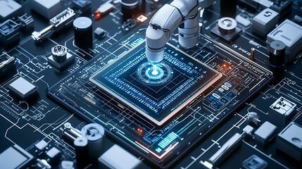 Top view of a surgical robot arm performing an intricate operation on a digital interface, surrounded by cutting-edge medical instruments, more clarity with clear light and sharp focus, high detailed