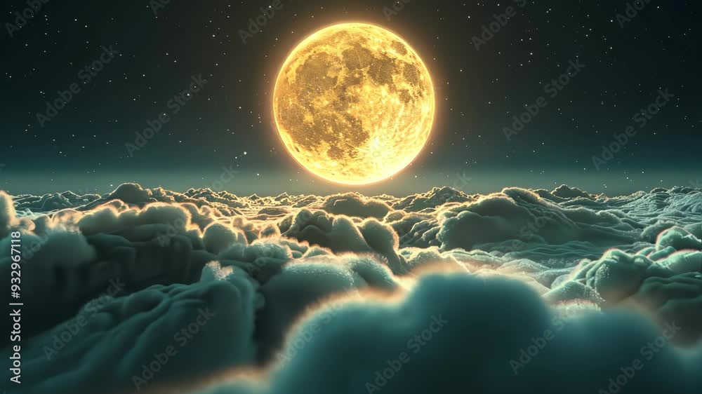 Canvas Prints 3d rendering of full moon shining above the clouds at night sky background.