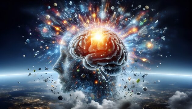 Concept art of a human brain exploding with knowledge and creativity