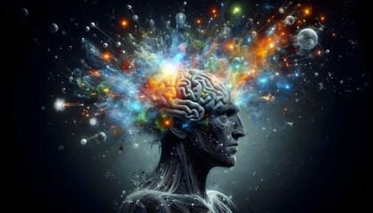 Concept art of a human brain exploding with knowledge and creativity
