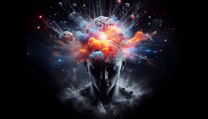 Concept art of a human brain exploding with knowledge and creativity