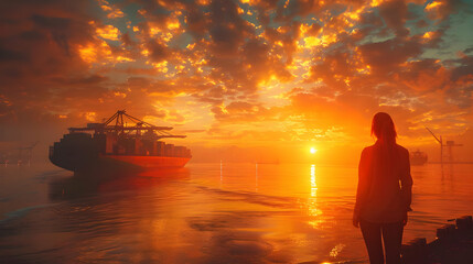 Fototapeta premium Silhouette of Woman Watching Cargo Ship at Sunset - Digital Illustration