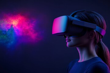 A person wearing VR goggles in a neon lit room symbolizing the vibrant and immersive nature of virtual reality and the future of digital entertainment