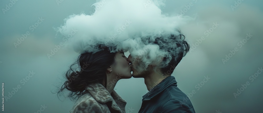 Wall mural Young couple kisses with white cloud on their head and face