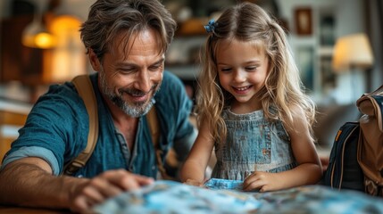 Fototapeta premium parents with small daughters indoors at home packing for summer holiday.jpg