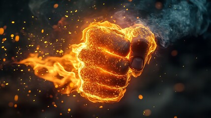 A fiery fist burning with power, depicted in concept art that illustrates strength and intensity.
