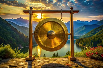 Soothing harmonies emerge from the gentle echoes of the gong, weaving together a tapestry of calming mindfulness, golden hues, and mellifluous resonance.