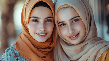Muslim girls with hijab taking photos together, long-sleeved t-shirts, polite clothes, posing, smiling, happy, best friends forever, friendship, with a plain background. Generative AI.
