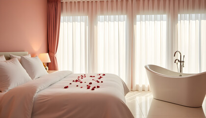 Obraz premium Luxurious Bedroom Retreat with In-Room Bathtub and Soft Pink Decor