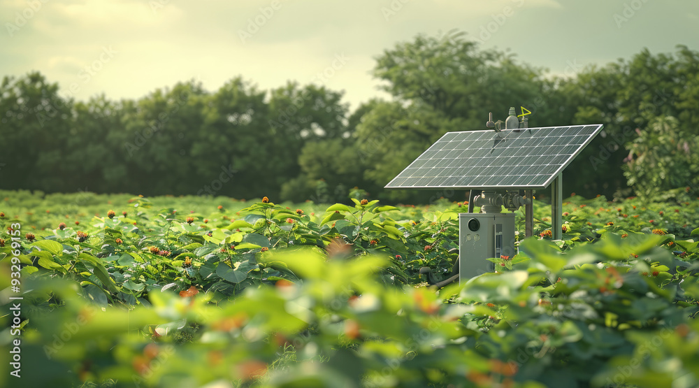 Poster a solar-powered pump in a green field with solar panels, capturing the reflective surfaces of the pa